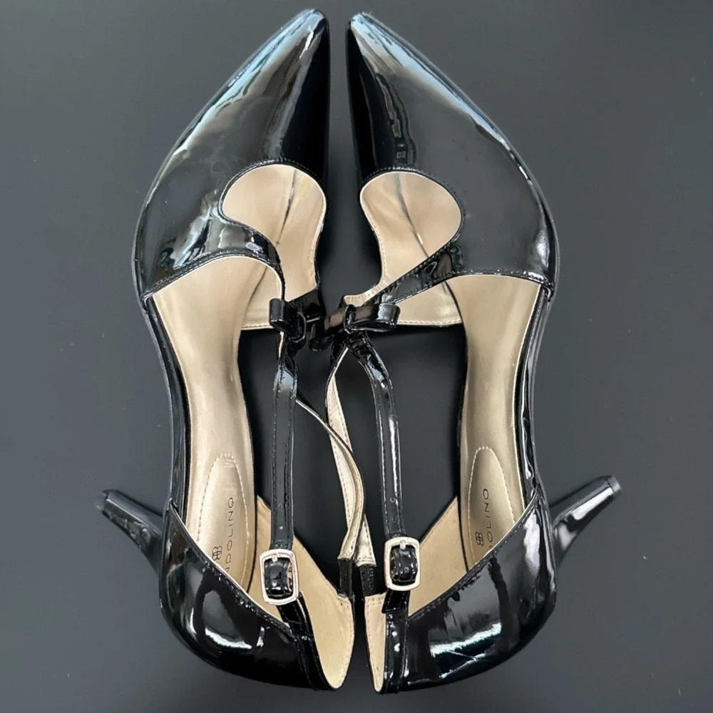 Bandolino Black Patent T-Strap Bow Pumps Womens Size 11M Pointed Stiletto Heels - Picture 5 of 13